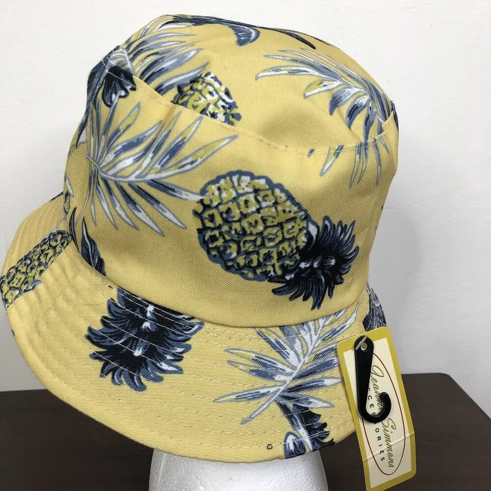 NEW Jeanne Simmons Yellow Blue Pineapple Print 100% Cotton Bucket Hat